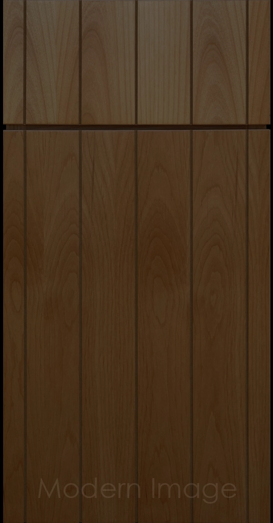 Front view of a Brooklyn style Grooved Flat Panel Cabinet Door and Drawer finished in Cognac Stain.